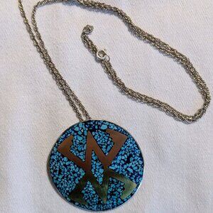 Vintage Taxco Mexico Sterling Silver Turquoise Chip Inlay Pin Pendant Necklace